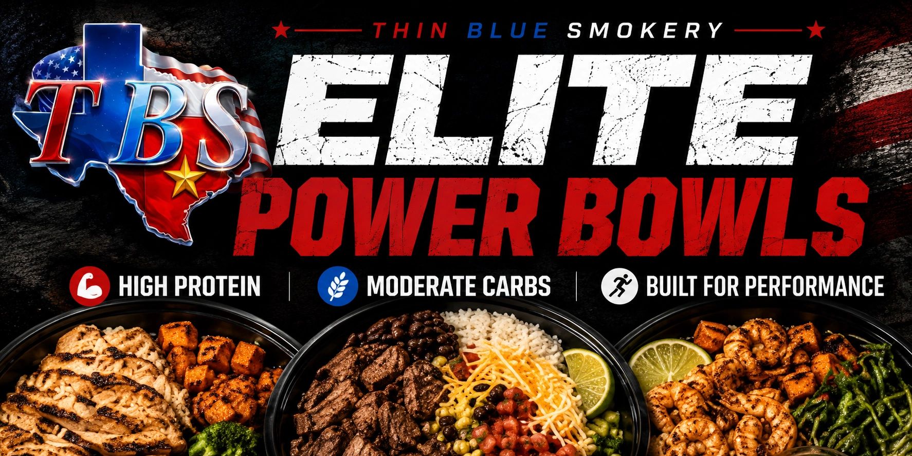 Advertisement for TBSElite Power Bowls with high protein and bullet fuel.