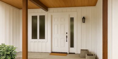 Front porch with white door and wooden columns.
