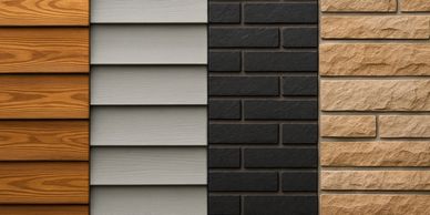 Four different types of exterior wall sidings in various colors and textures.