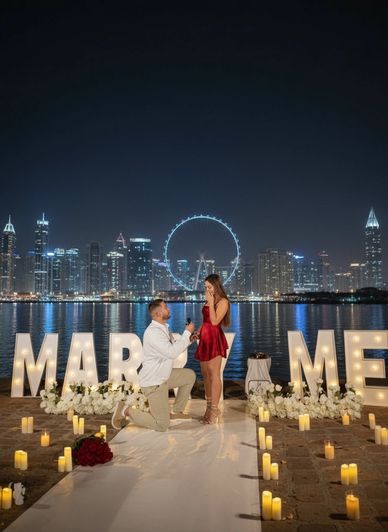 Marriage proposal at Ain Dubai, the world’s largest observation wheel, set against skyline of Dubai.