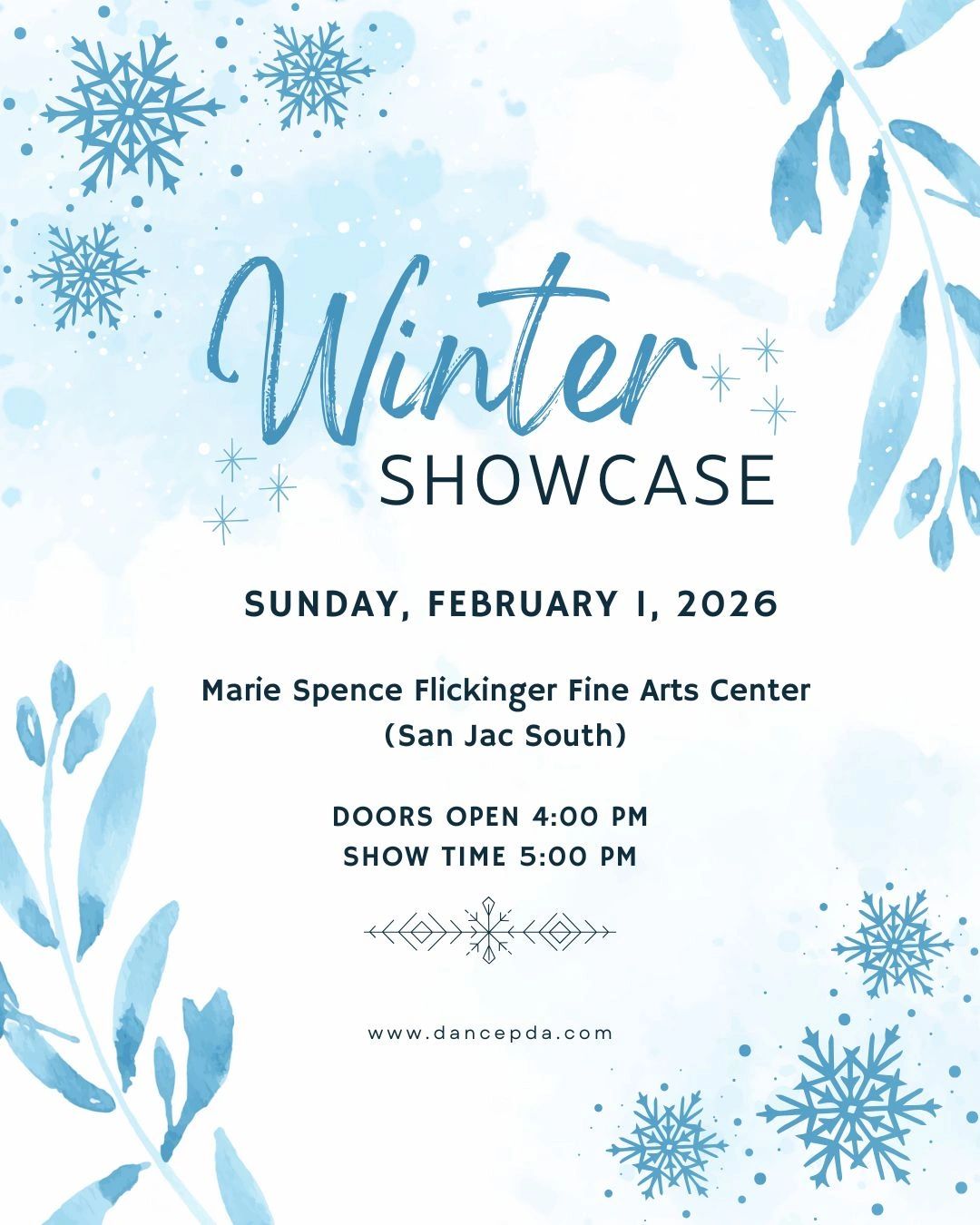 Winter Showcase event on February 1, 2026, at Marie Spence Flickinger Fine Arts Center.