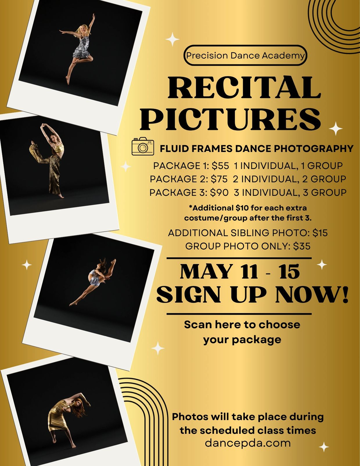 Dance recital pictures offered by Precision Dance Academy with various packages and pricing.