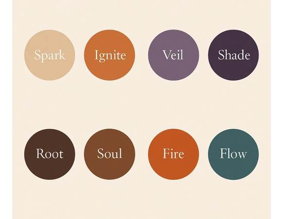 Eight colored circles with words Spark, Ignite, Veil, Shade, Root, Soul, Fire, Flow.