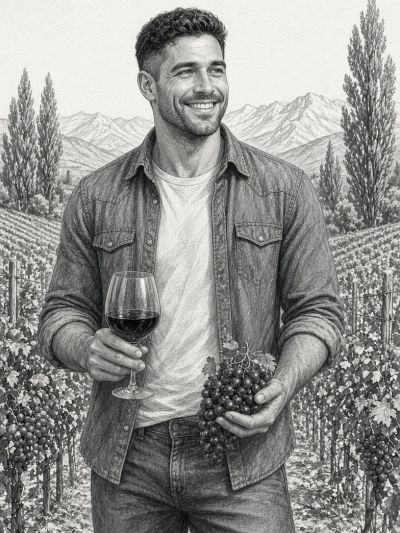 Man holding wine glass and grapes in vineyard.