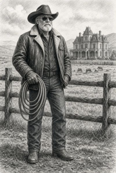 A cowboy standing with a rope near a wooden fence and Victorian house.