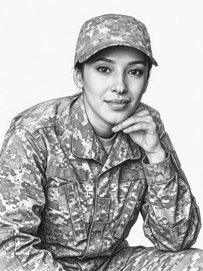 Portrait of a female soldier in digital camouflage uniform.