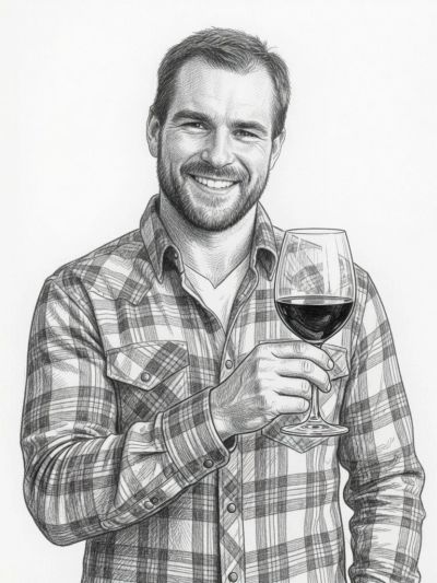 Man in plaid shirt smiling with a glass of red wine.
