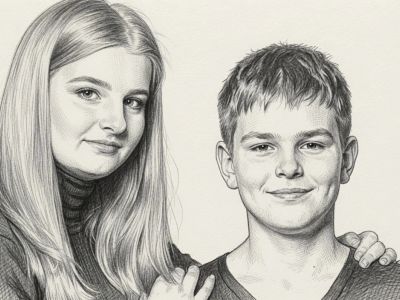 Pencil sketch of a girl and boy smiling.