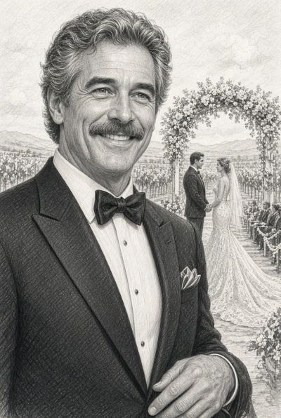 Man in tuxedo smiling at a wedding ceremony.