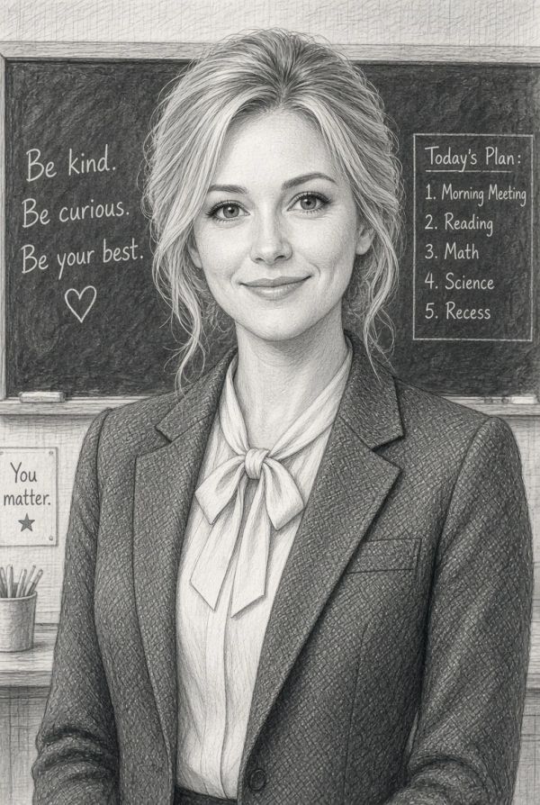 Pencil sketch of a woman teacher with inspirational notes on a chalkboard.