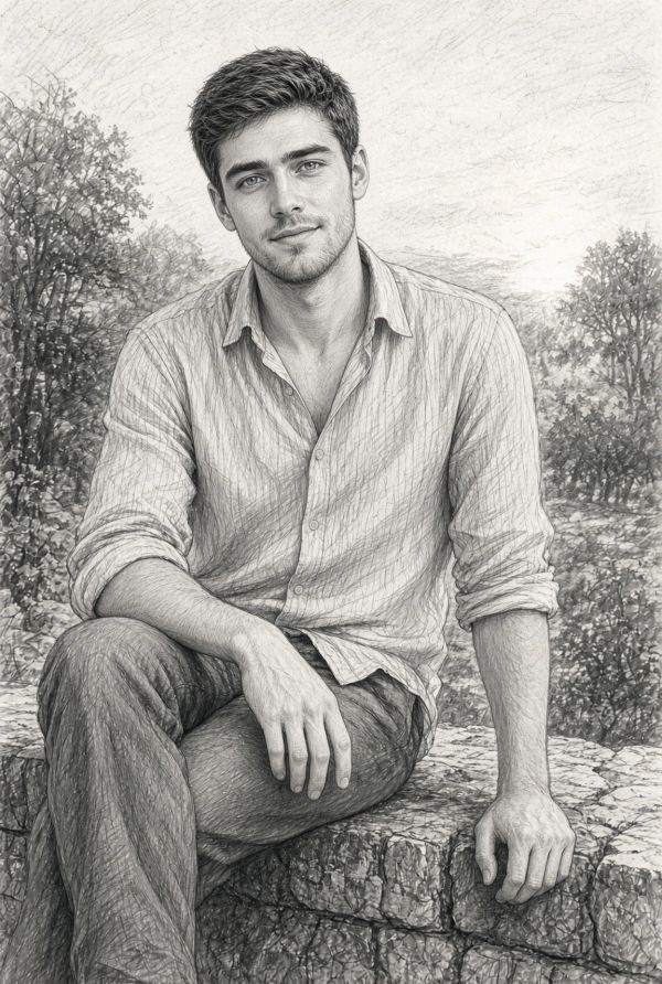 A young man sitting on a stone wall outdoors.