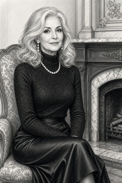 Elegant woman seated beside a classic fireplace.