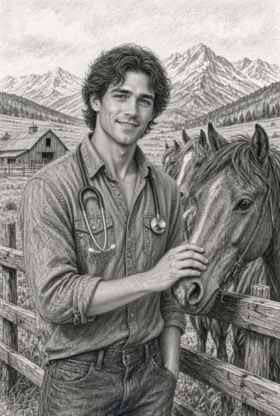 A man with a stethoscope gently petting a horse in a mountain farm setting.