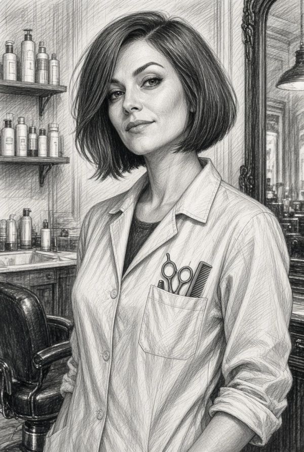 Sketch of a confident female hairstylist in a salon.