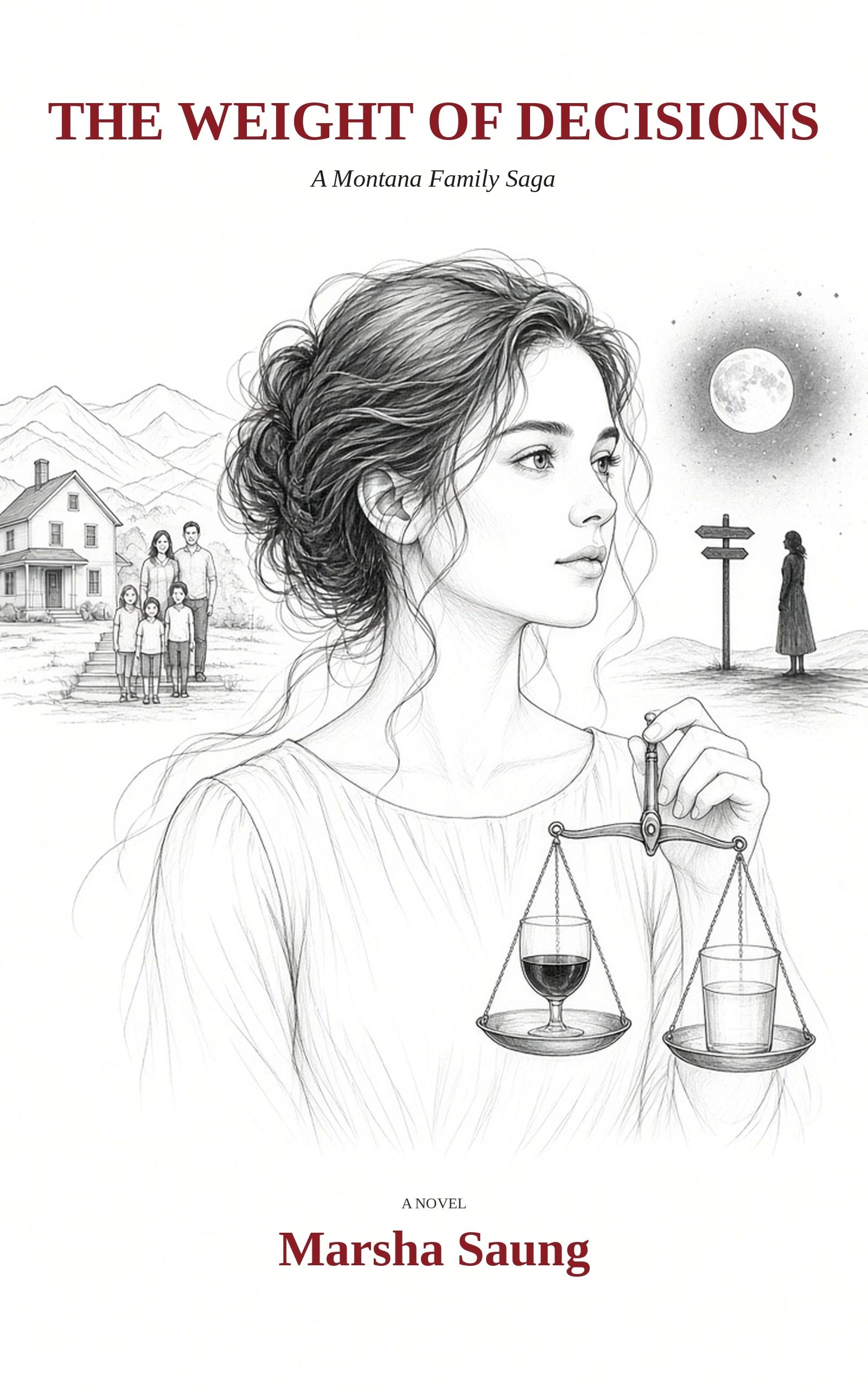 A pencil-style sketch of a woman holding a scale, with the title in red on a white background.