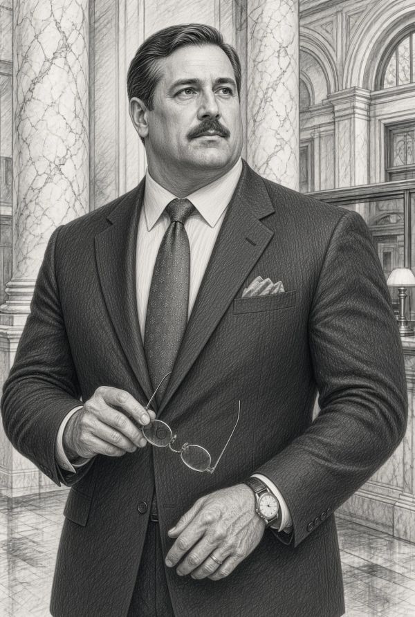 A man in a suit holding glasses in an elegant marble hall.
