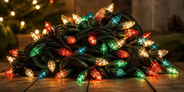 Pile of colorful Christmas lights.