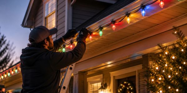 Man hanging colorful Christmas lights on house.