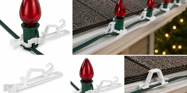 Plastic clips hold Christmas lights on roof edges.