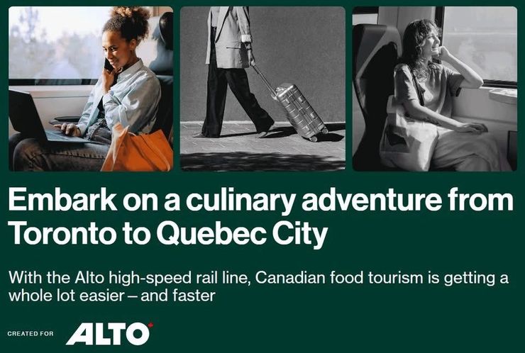 Alto HSR Facebook advertisement: 'Embark on a culinary adventure from Toronto to Quebec City — with the Alto high-speed rail line, Canadian food tourism is getting a whole lot easier and faster'