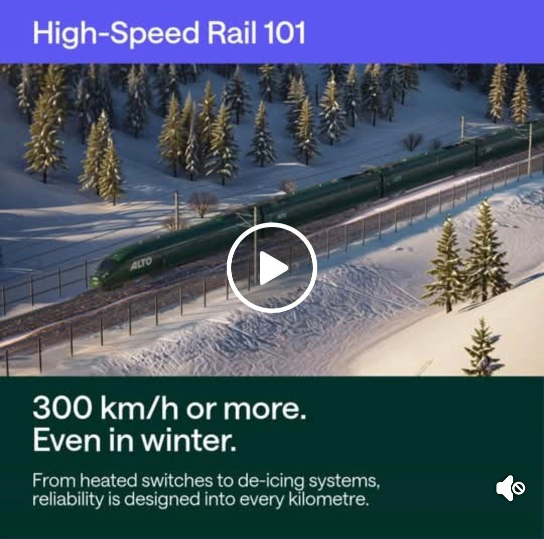 Alto HSR Facebook ad: High-Speed Rail 101 — 300 km/h or more, even in winter.