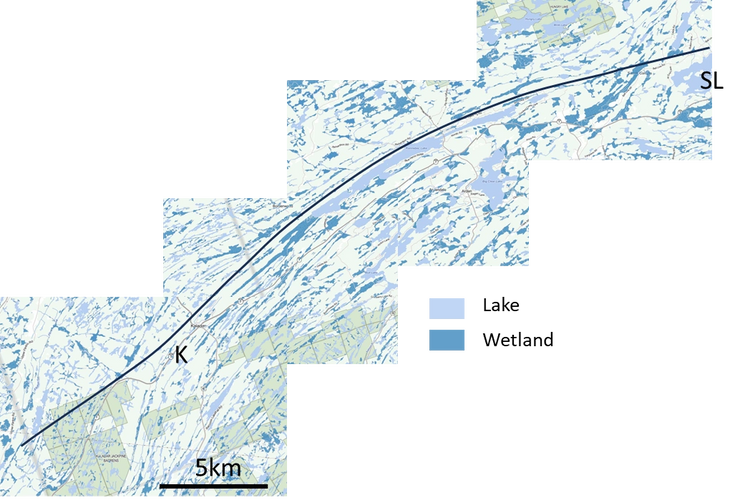 Map showing a 50km alignment through the Mazinaw terrane without crossing a major lake or wetland