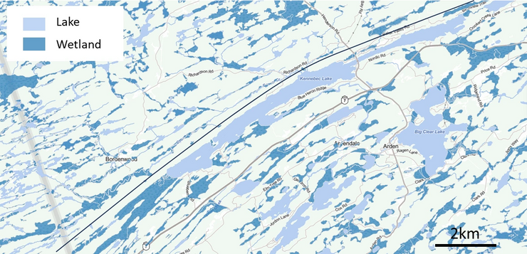 Detailed map of wetlands in the Mazinaw terrane showing elongated, organized wetland shapes