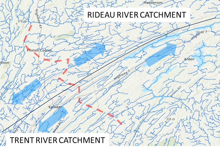 Map showing watercourses on the northern route running predominantly parallel to the railway alignment
