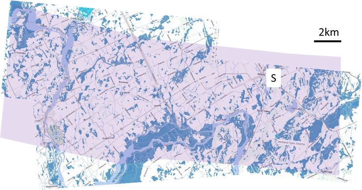 Map of wetlands in the southern corridor north of Belleville, showing extensive wetland complexes around the Trent River
