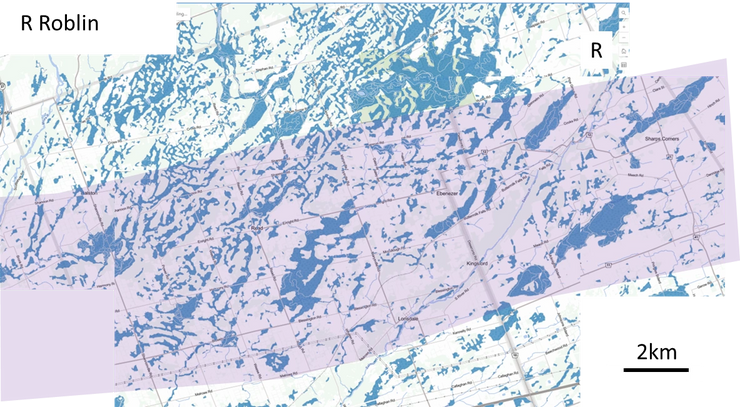 Map of wetlands in the southern corridor north of Napanee showing dense, irregular wetland distribution