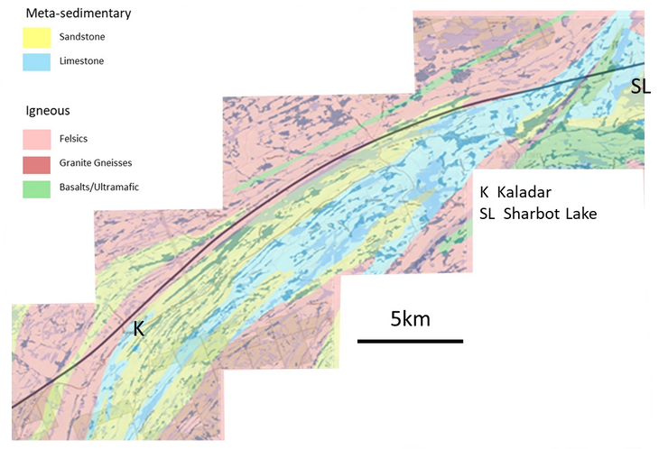 Geological map of the Mazinaw terrane showing elongated wetlands running parallel to the proposed railway alignment