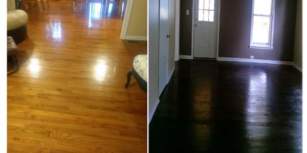 Side-by-side comparison of wooden floors, one light and polished, the other dark and shiny.