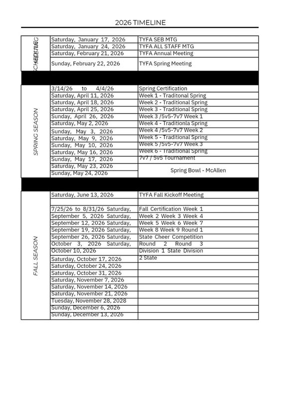 2026 TYFA timeline with spring and fall season schedules and meetings.