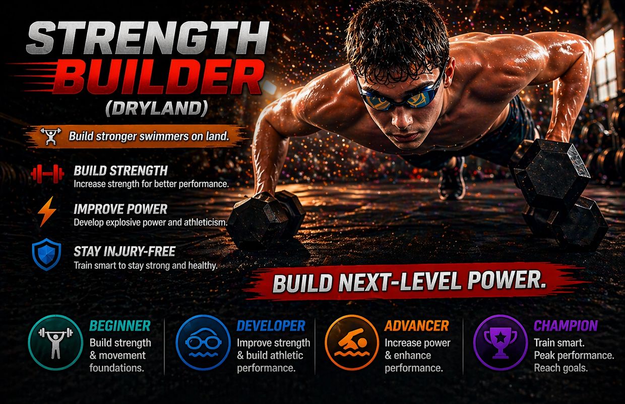 Muscular swimmer doing push-ups with dumbbells, promoting dryland strength training for swimmers.