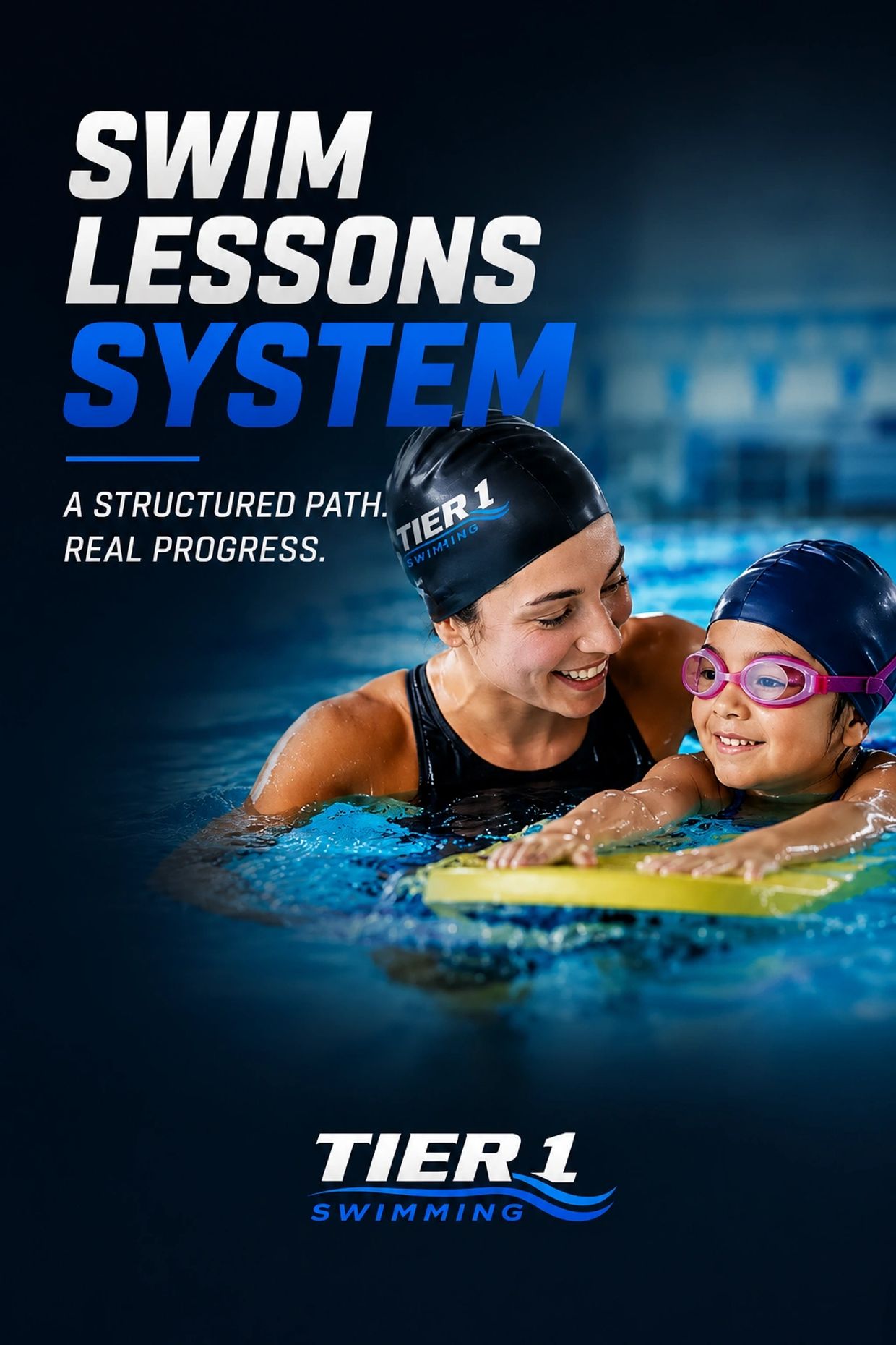 A swim instructor teaches a young child swimming techniques with a kickboard.
