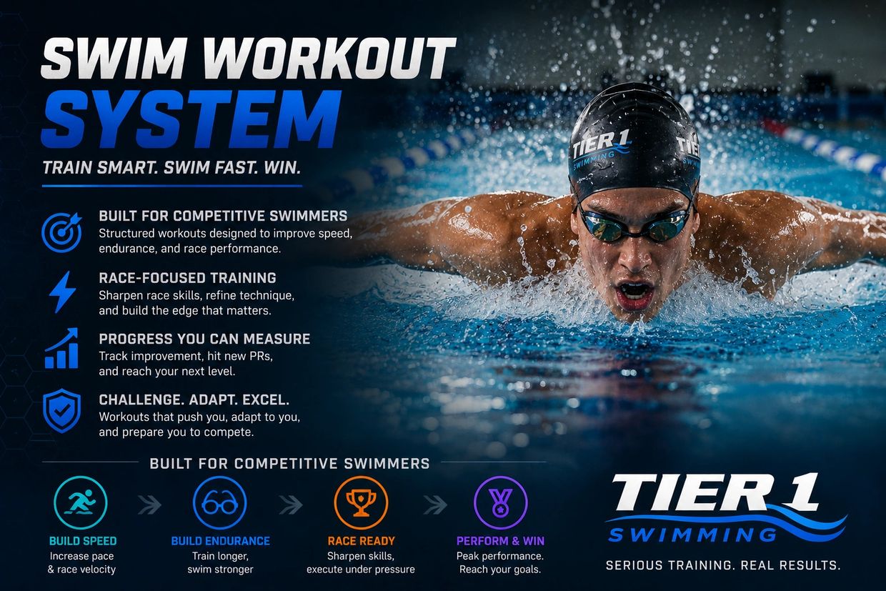 Swimmer in action promoting the Tier 1 Swim Workout System for competitive training.