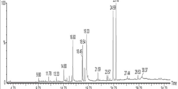 Chromatogram graph showing peaks at various retention times indicating compound presence.