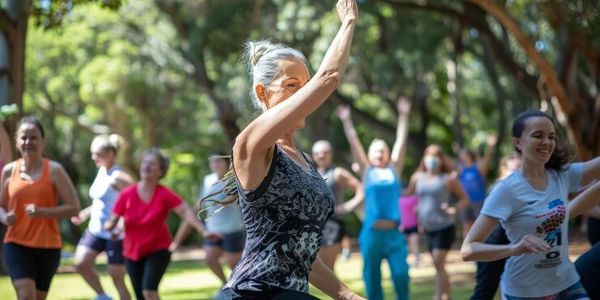 Group of diverse women exercising outdoors in a park.