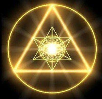 Glowing golden geometric shapes with radiant light.