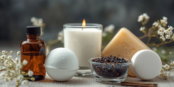 A calming arrangement of spa items including a candle, bath bomb, essential oil, and soap with flowers.