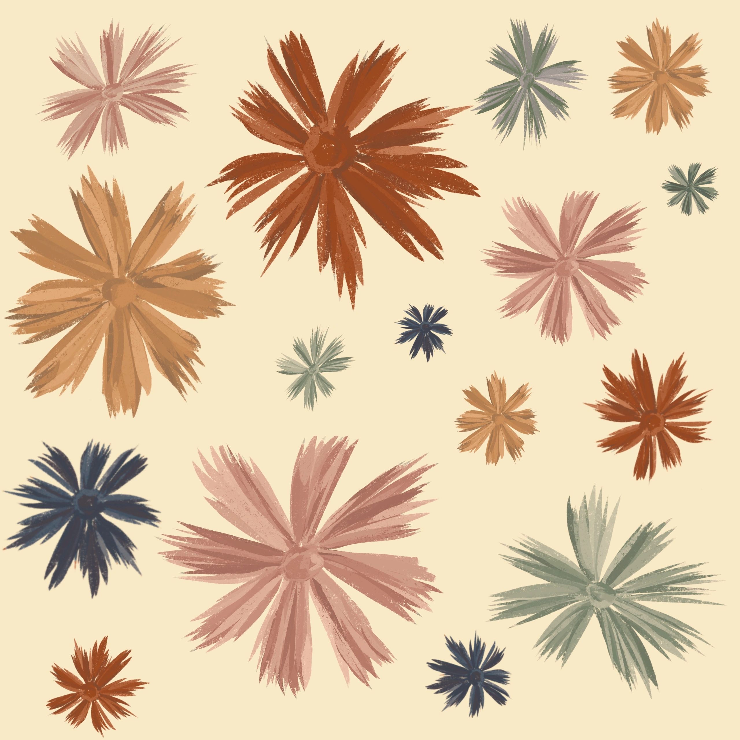 Digital illustration of colorful flowers with spiky, rigid petals.