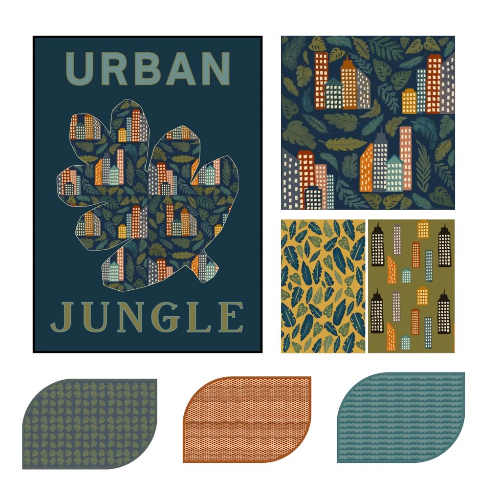 City buildings with deep earth tones and jungle leaves and botanicals.