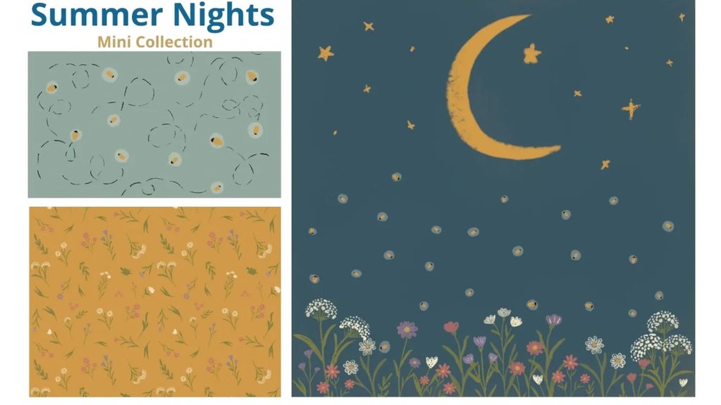 Hero print of night sky with fireflies and flowers below.