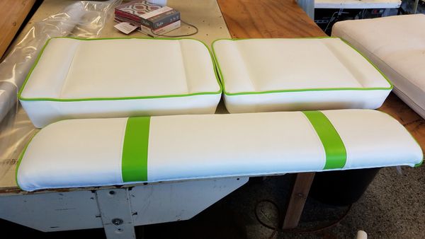 lime green and white butt cushion and back cushion for the stern