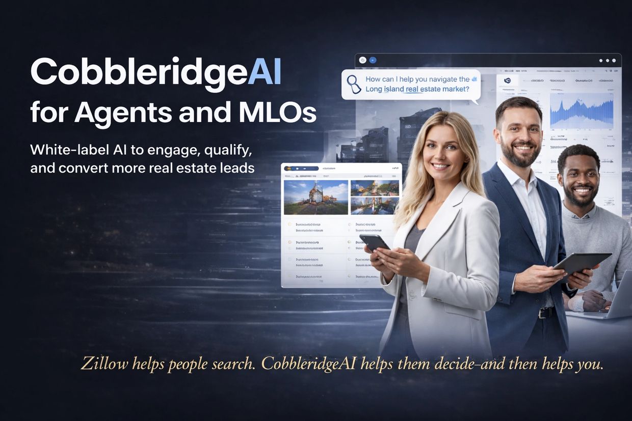 CobbleridgeAI hero image with agents, MLOs, AI dashboard, and Zillow comparison tagline.