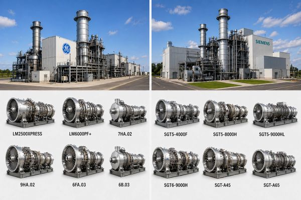 Industrial power plants and various gas turbine models from GE and Siemens.