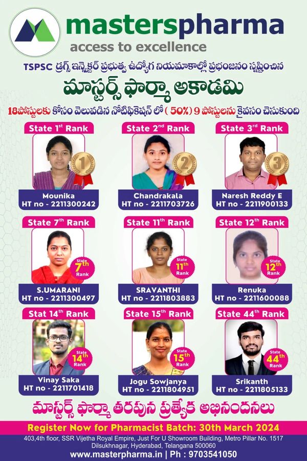 PHARMACIST TELANGANA UPSC APPSC COACHING GPAT NIPER PHARMACIST TSPSC DRUGS INSPECTOR 