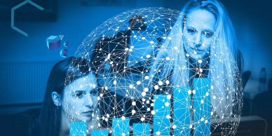Two women analyzing data visualizations with a digital network globe overlay.
