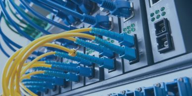 Close-up of network cables connected to a patch panel.
