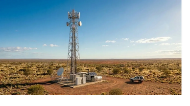 Telecommunication tower in a remote desert area with a vehicle nearby.